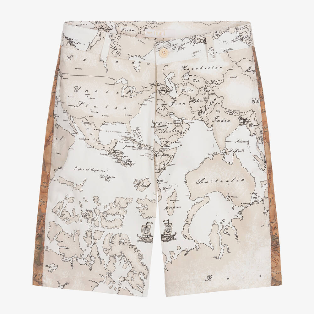 Alviero Martini - Teen Boys Ivory Geo Map Bermuda Shorts | Childrensalon