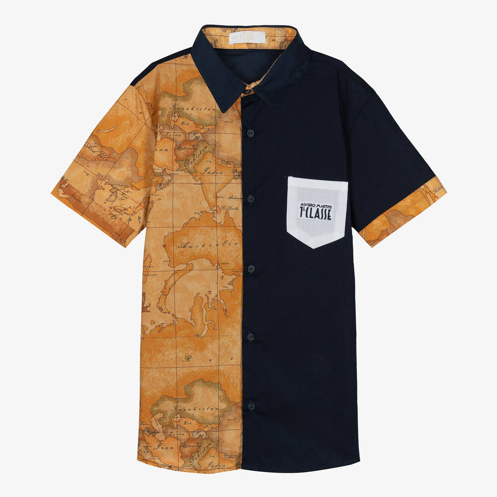 Alviero Martini - Teen Boys Navy Blue & Beige Geo Map Shirt | Childrensalon