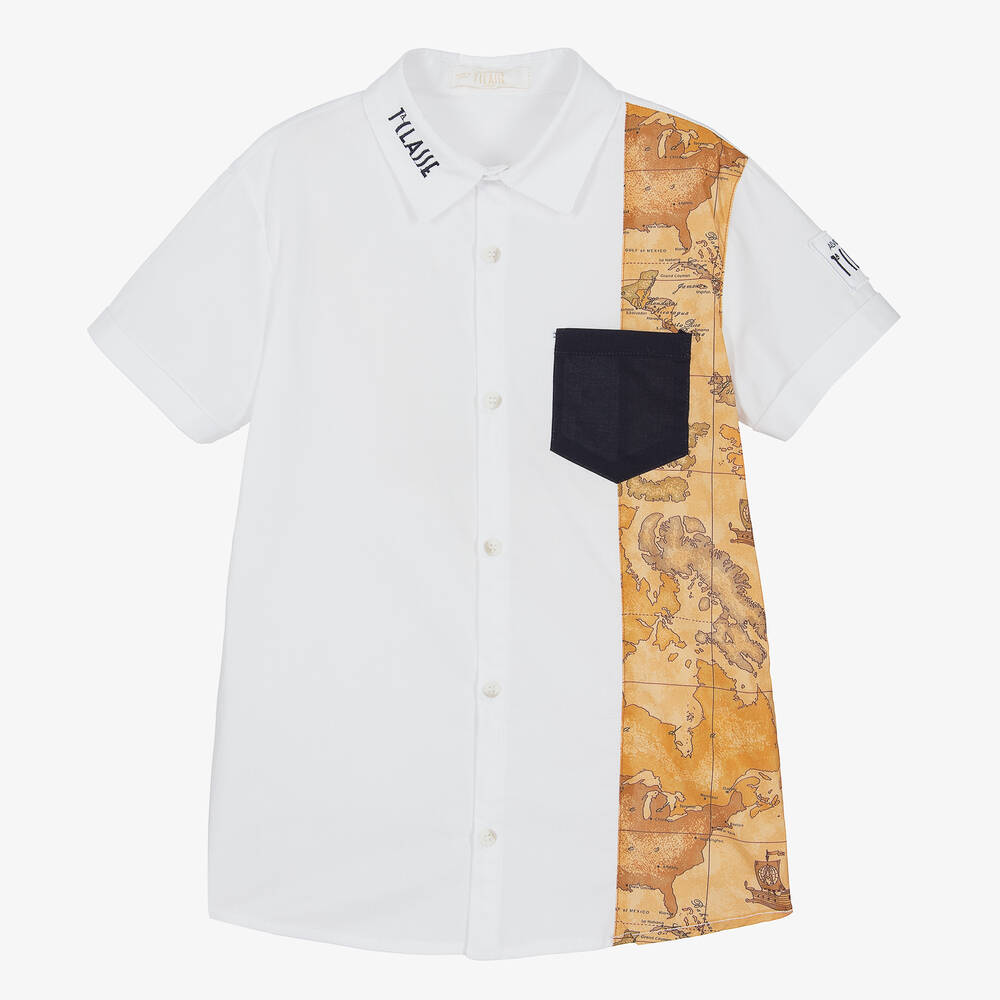 Alviero Martini - قميص تينز ولادي قطن بوبلين لون أبيض وبيج | Childrensalon