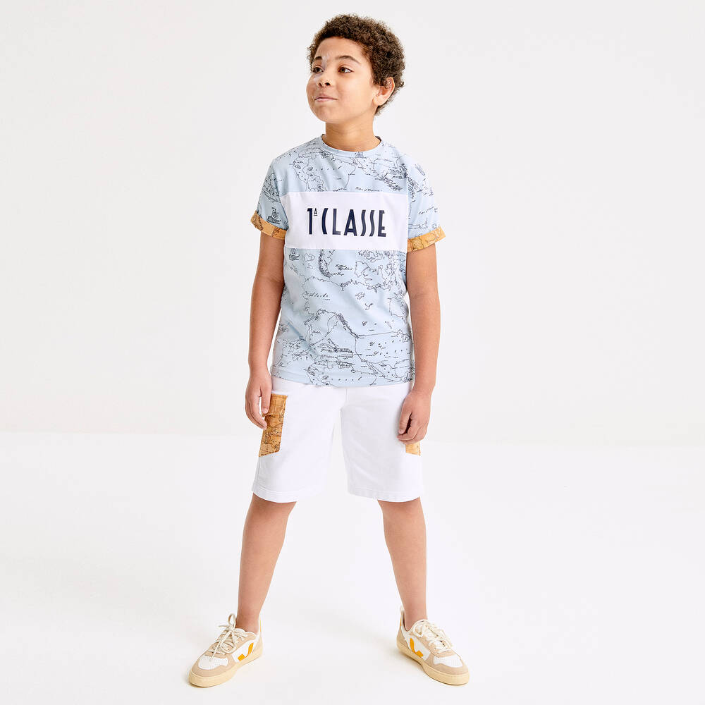 Alviero Martini-Teen Boys White Cotton Geo Map Shorts | Childrensalon Outlet