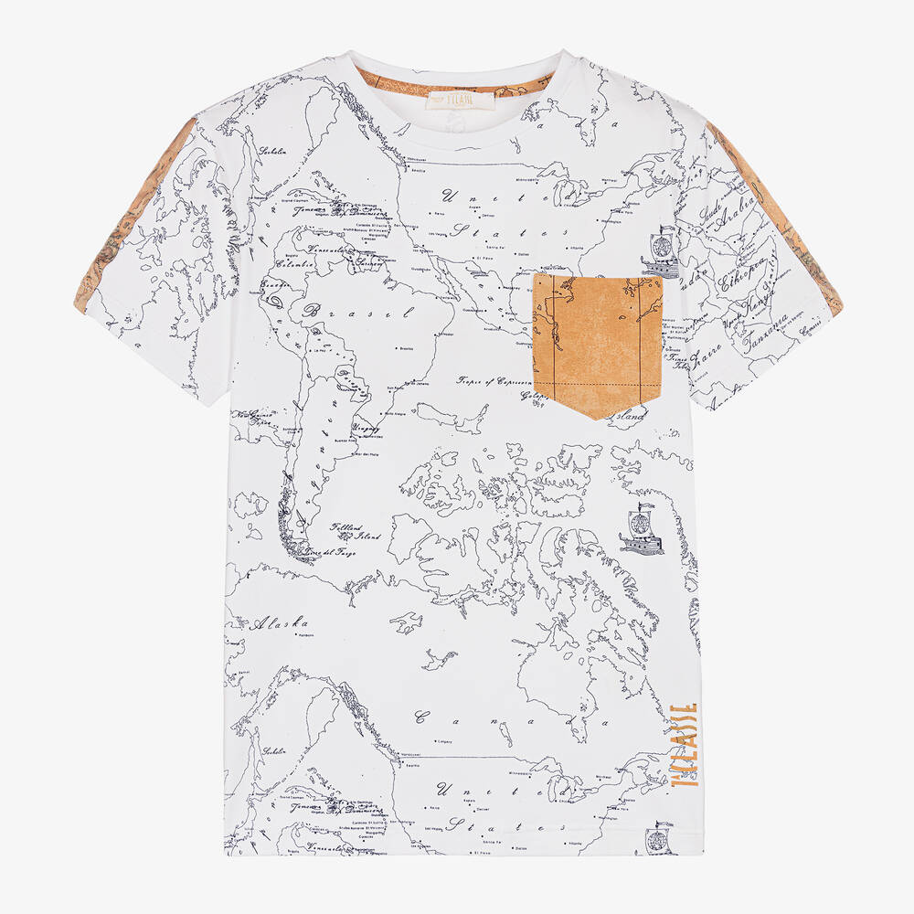 Alviero Martini - Teen Boys White Cotton Geo Map T-Shirt | Childrensalon