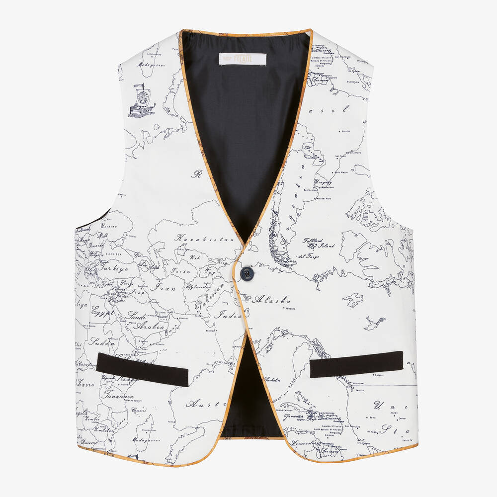 Alviero Martini - Teen Boys White Geo Map Cotton Waistcoat | Childrensalon