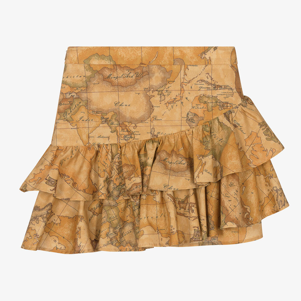 Alviero Martini-Teen Girls Beige Geo Map Ruffle Skirt | Childrensalon Outlet