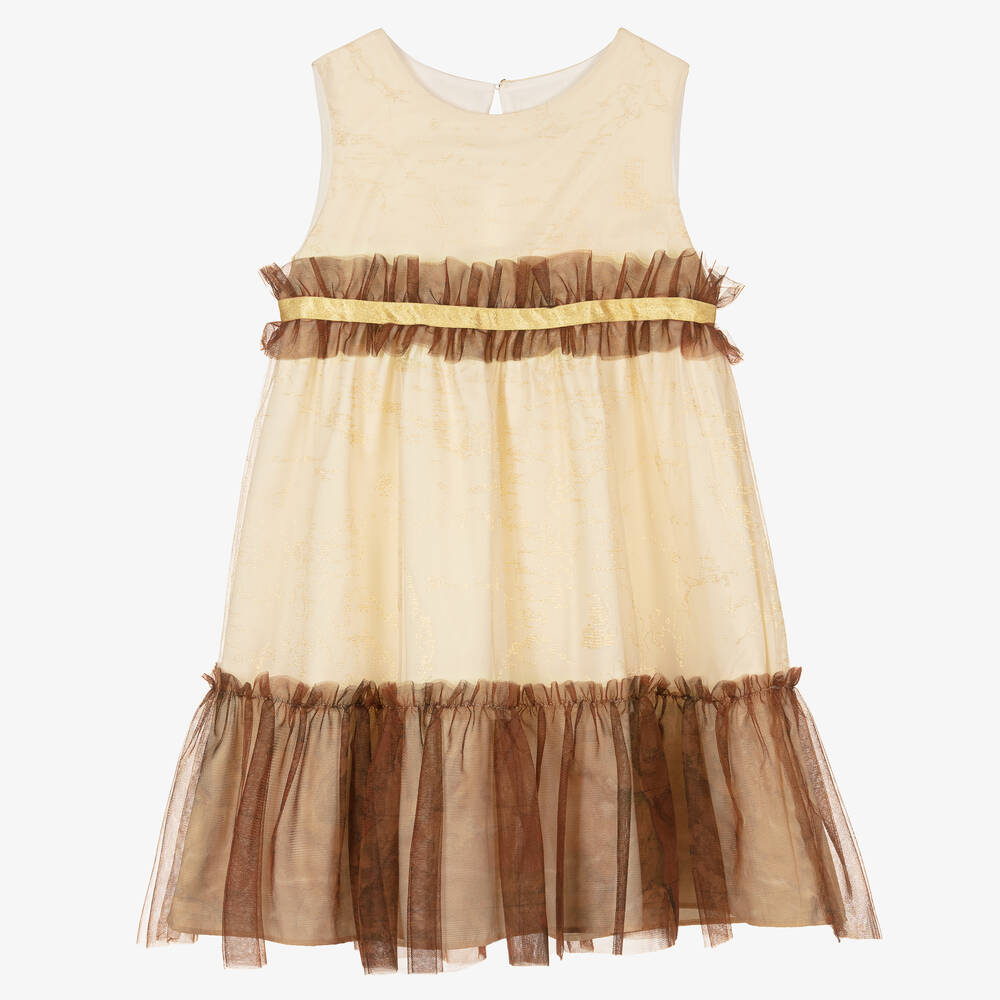 Alviero Martini - Teen Girls Beige & Gold Geo Map Dress | Childrensalon