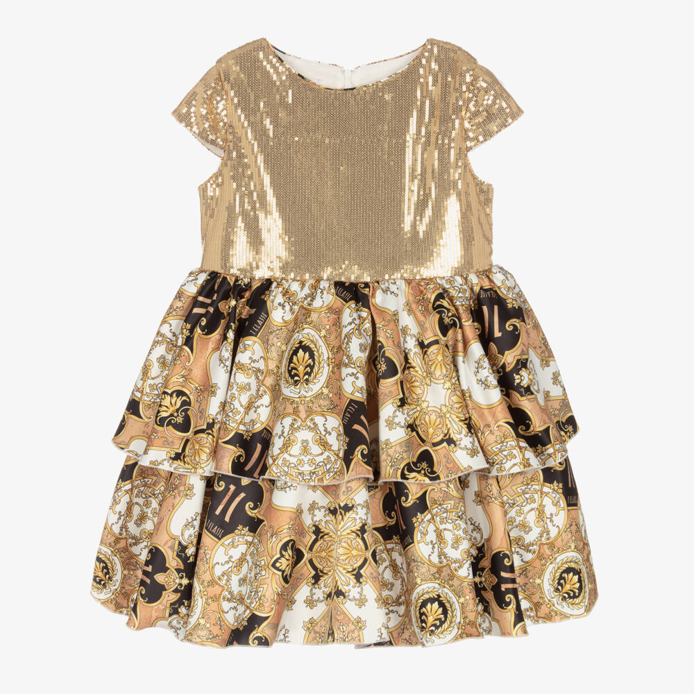 Alviero Martini-فستان تينز بناتي تول مزين بترتر لون ذهبي | Childrensalon Outlet