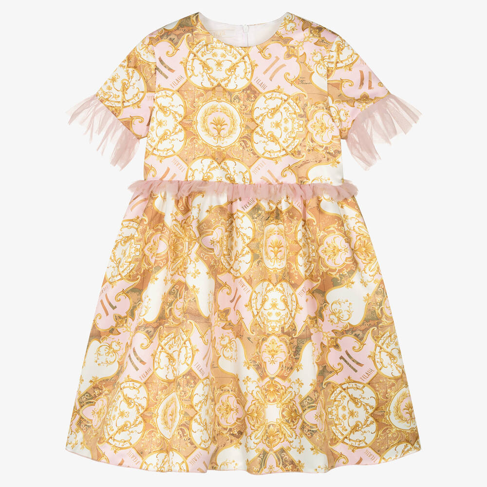 Alviero Martini-Розово-золотистое атласное платье с принтом Geo Map | Childrensalon Outlet