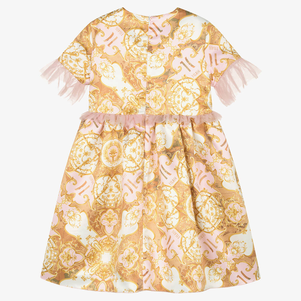 Alviero Martini-Розово-золотистое атласное платье с принтом Geo Map | Childrensalon Outlet