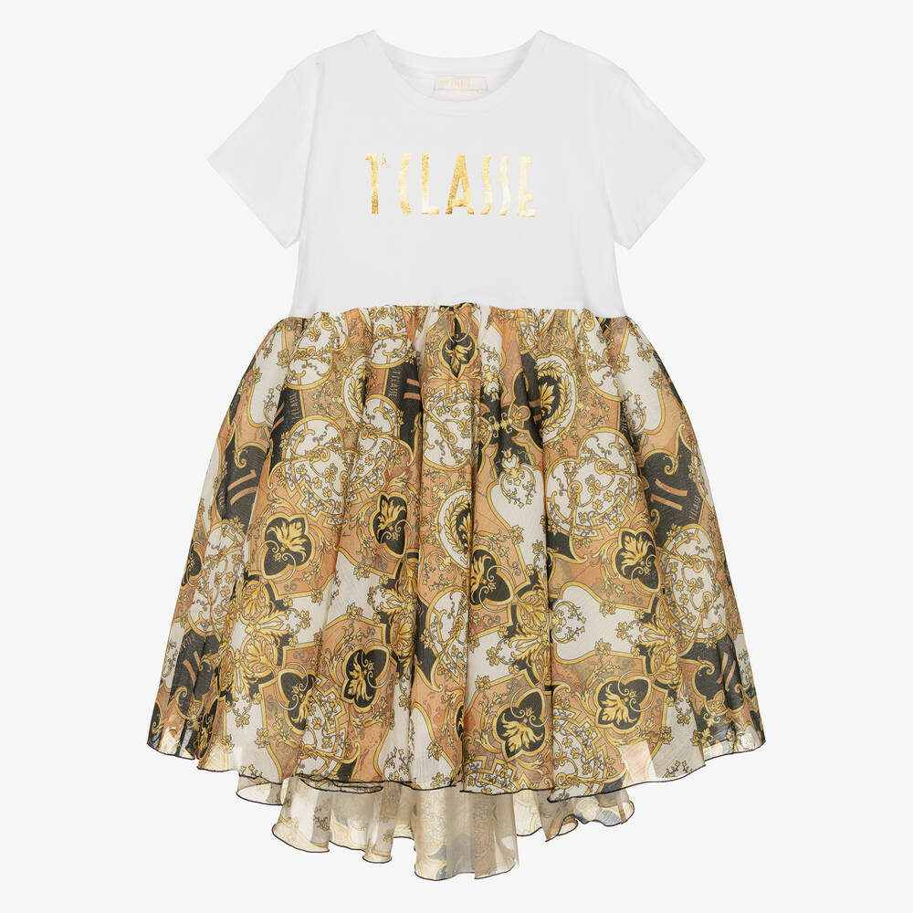 Alviero Martini - Teen Girls White & Gold Dress | Childrensalon