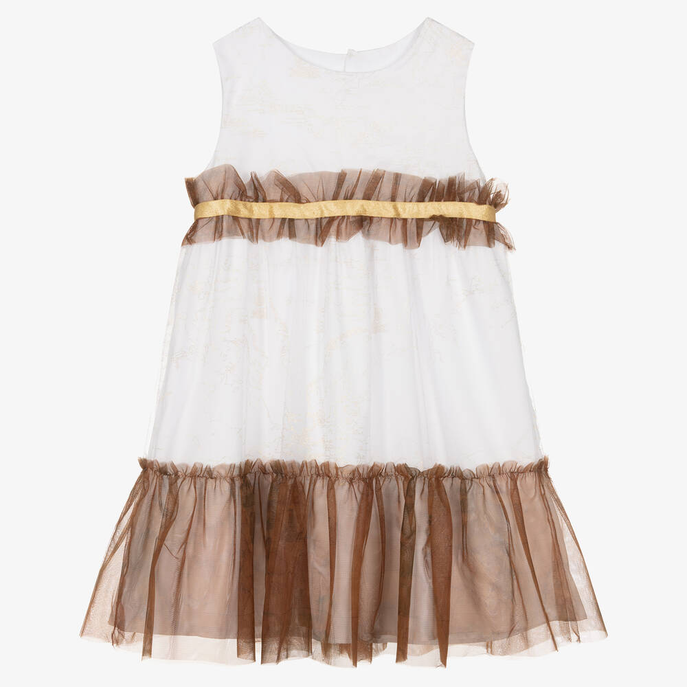 Alviero Martini - فستان تينز بناتي مزين بتول لون أبيض وذهبي | Childrensalon