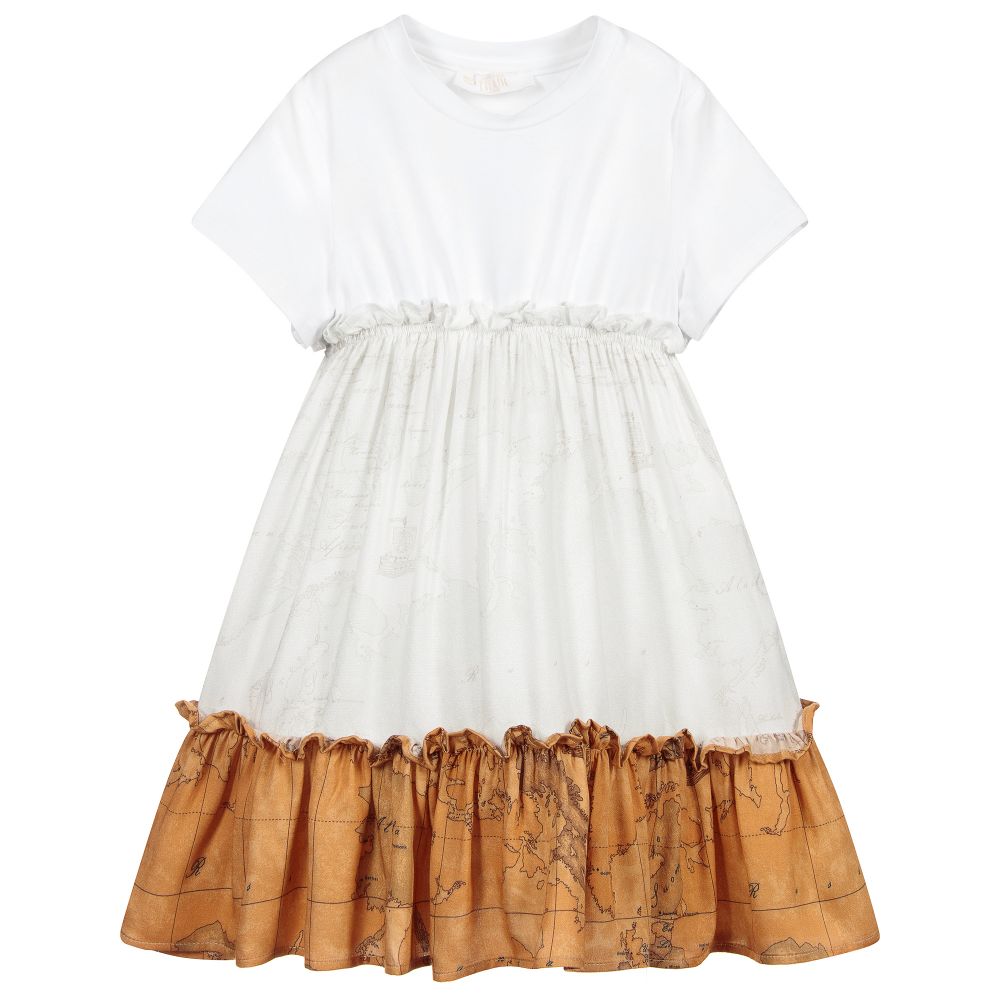 Alviero Martini - Kleid mit Geo-Karten-Print in Weiß und Beige | Childrensalon