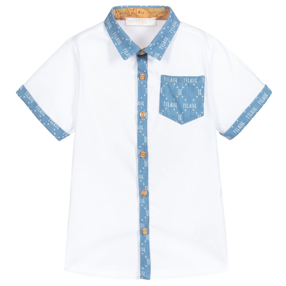 Alviero Martini - White & Blue Logo Cotton Shirt | Childrensalon