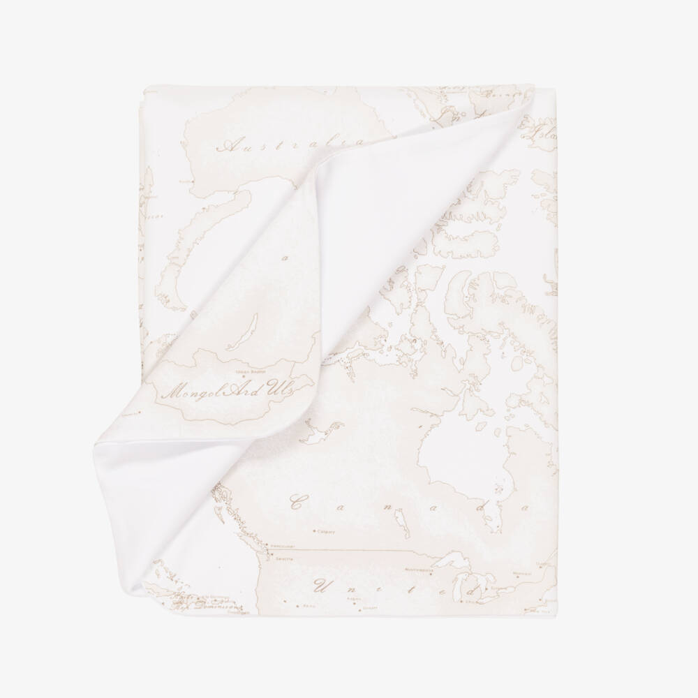 Alviero Martini-White Cotton Baby Blanket with Geo Map Pattern (88cm) | Childrensalon Outlet