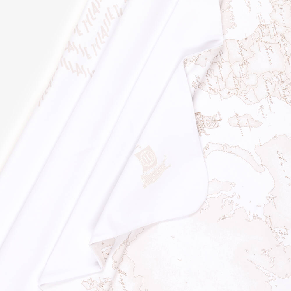 Alviero Martini-White Cotton Baby Blanket with Geo Map Pattern (88cm) | Childrensalon Outlet