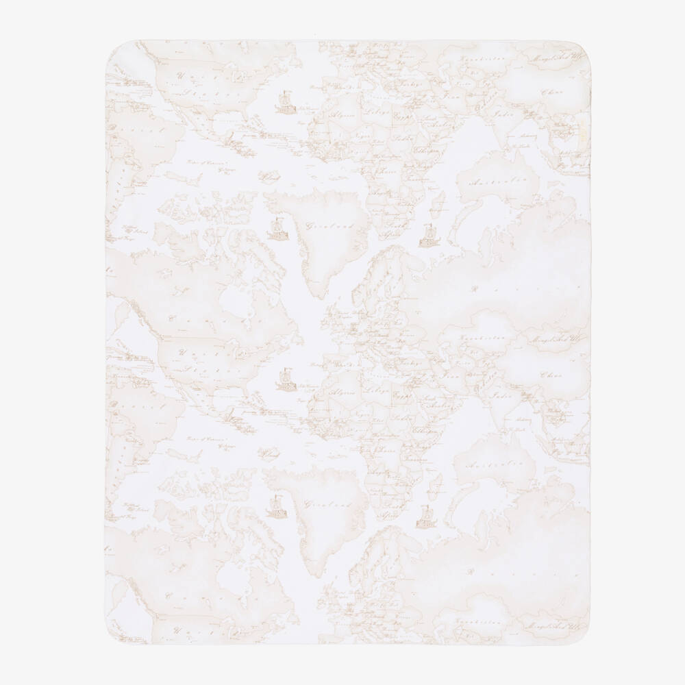 Alviero Martini-White Cotton Baby Blanket with Geo Map Pattern (88cm) | Childrensalon Outlet