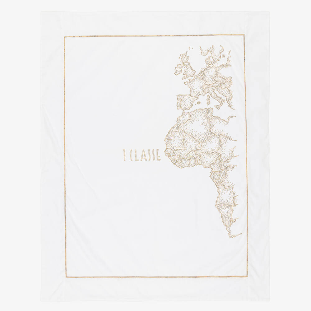 Alviero Martini-White Cotton Baby Blanket with Gold Diamantés Geo Map (87cm) | Childrensalon Outlet