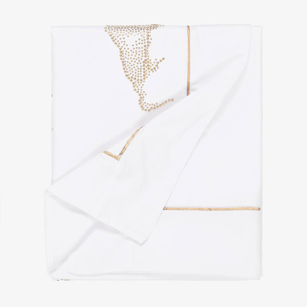 Alviero Martini-White Cotton Baby Blanket with Gold Diamantés Geo Map (87cm) | Childrensalon Outlet