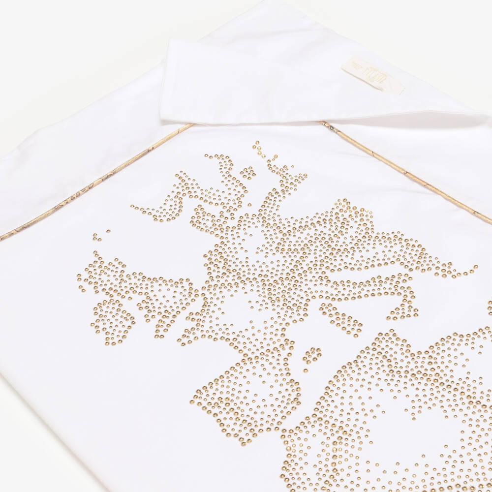 Alviero Martini-White Cotton Baby Blanket with Gold Diamantés Geo Map (87cm) | Childrensalon Outlet