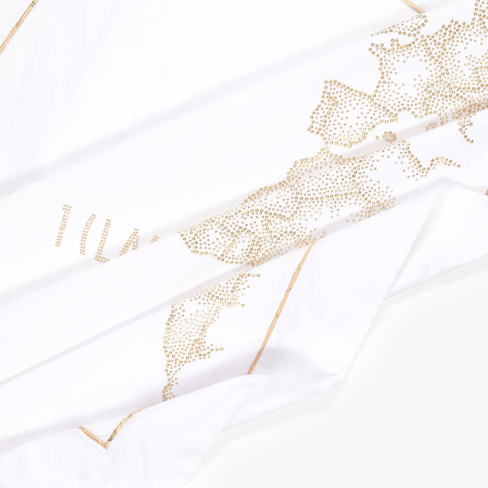 Alviero Martini-White Cotton Baby Blanket with Gold Diamantés Geo Map (87cm) | Childrensalon Outlet