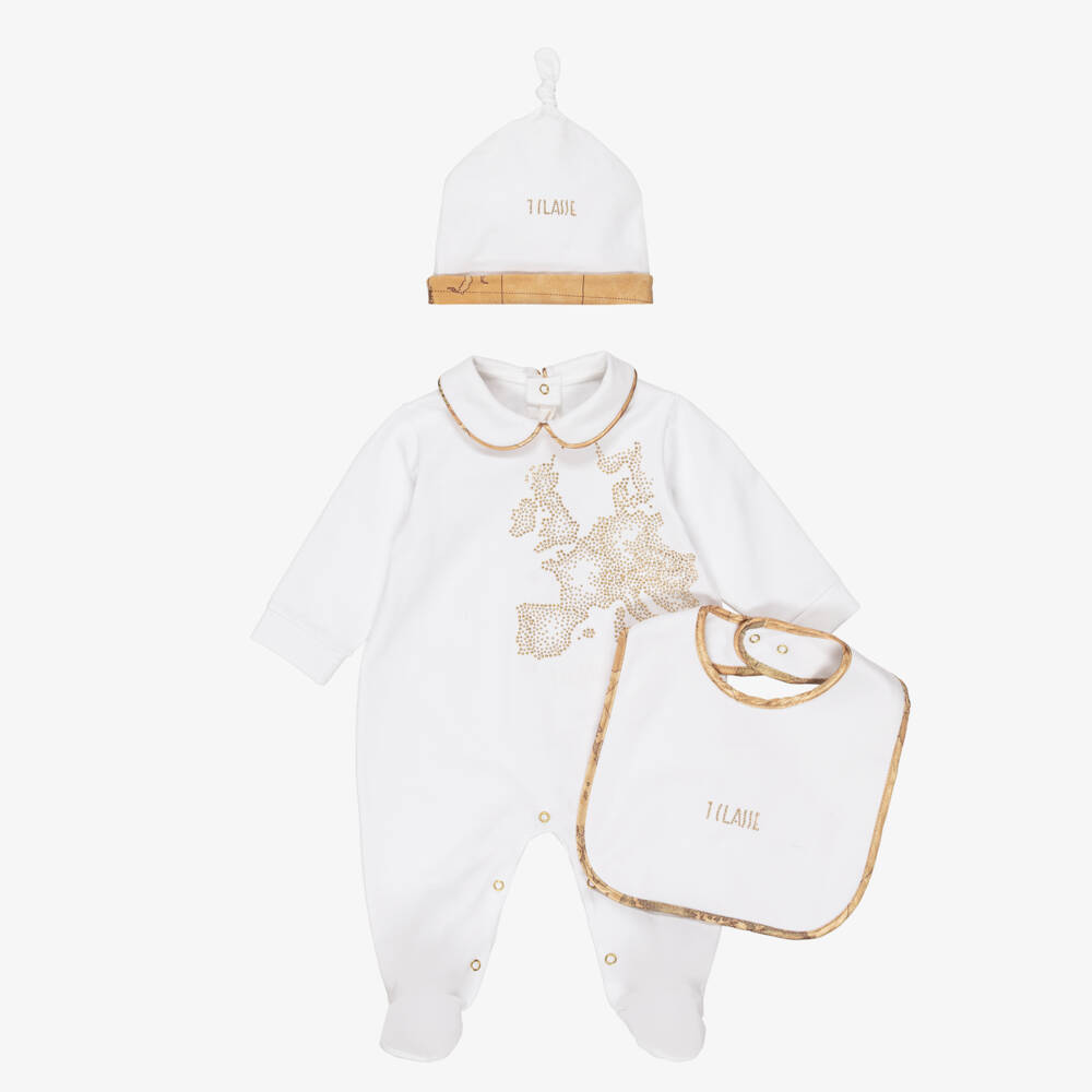Alviero Martini-White Cotton Babygrow Set with Diamantés | Childrensalon Outlet
