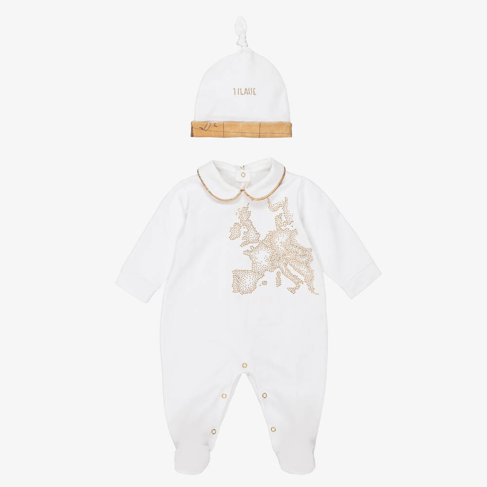Alviero Martini-White Cotton Babygrow Set with Diamantés | Childrensalon Outlet
