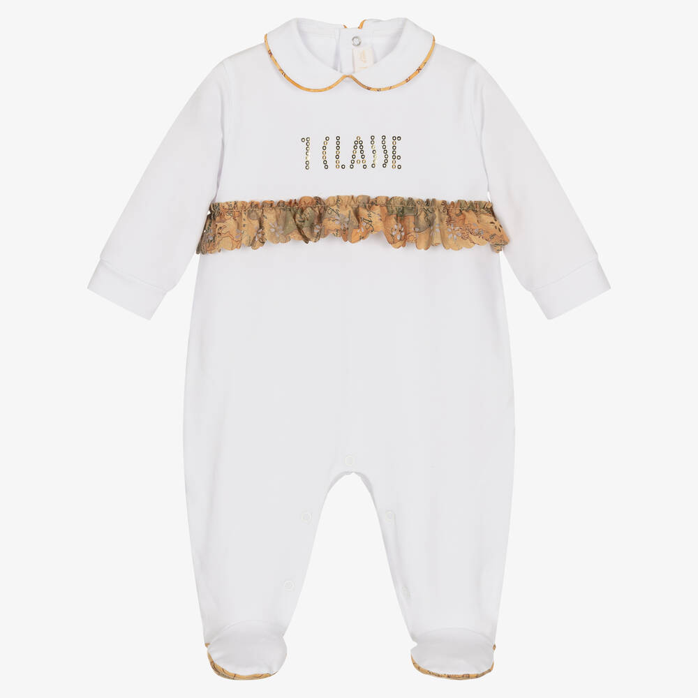 Alviero Martini-White Cotton Geo Map Babygrow | Childrensalon Outlet