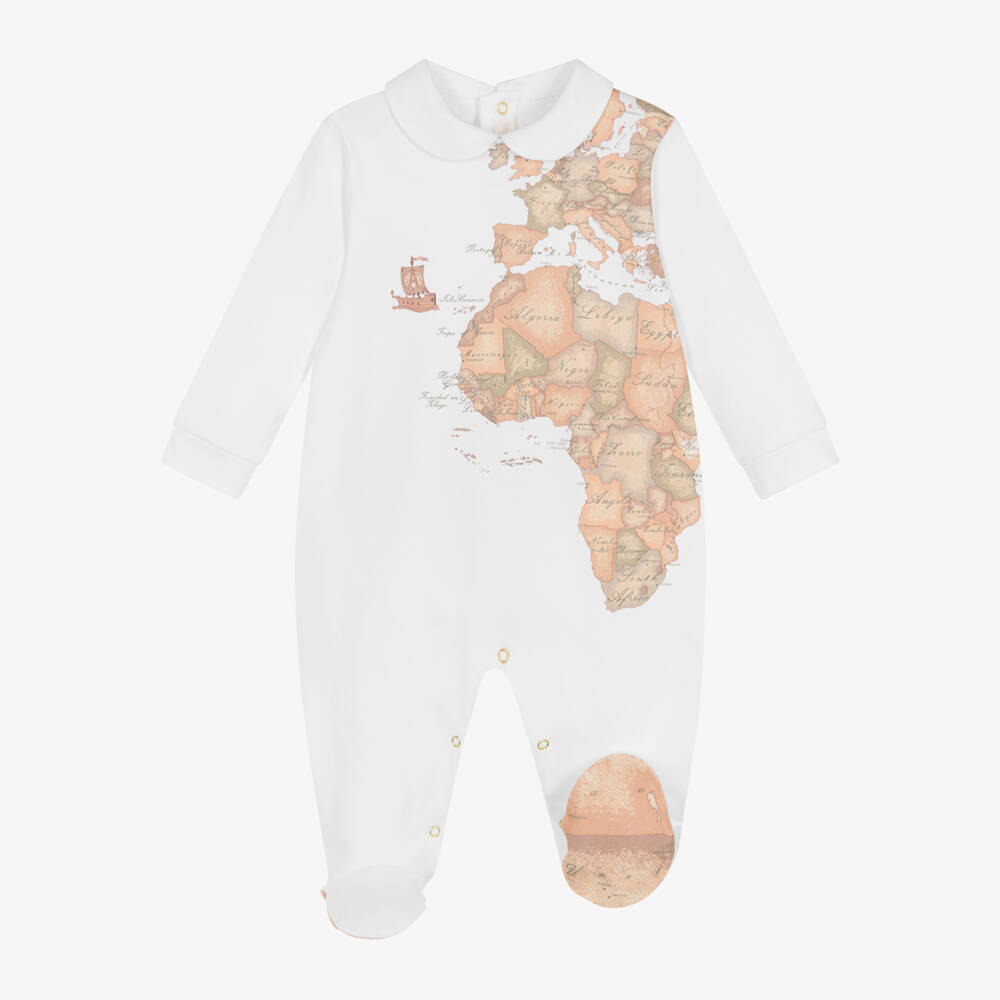 Alviero Martini-White Cotton Geo Map Babygrow Set | Childrensalon Outlet