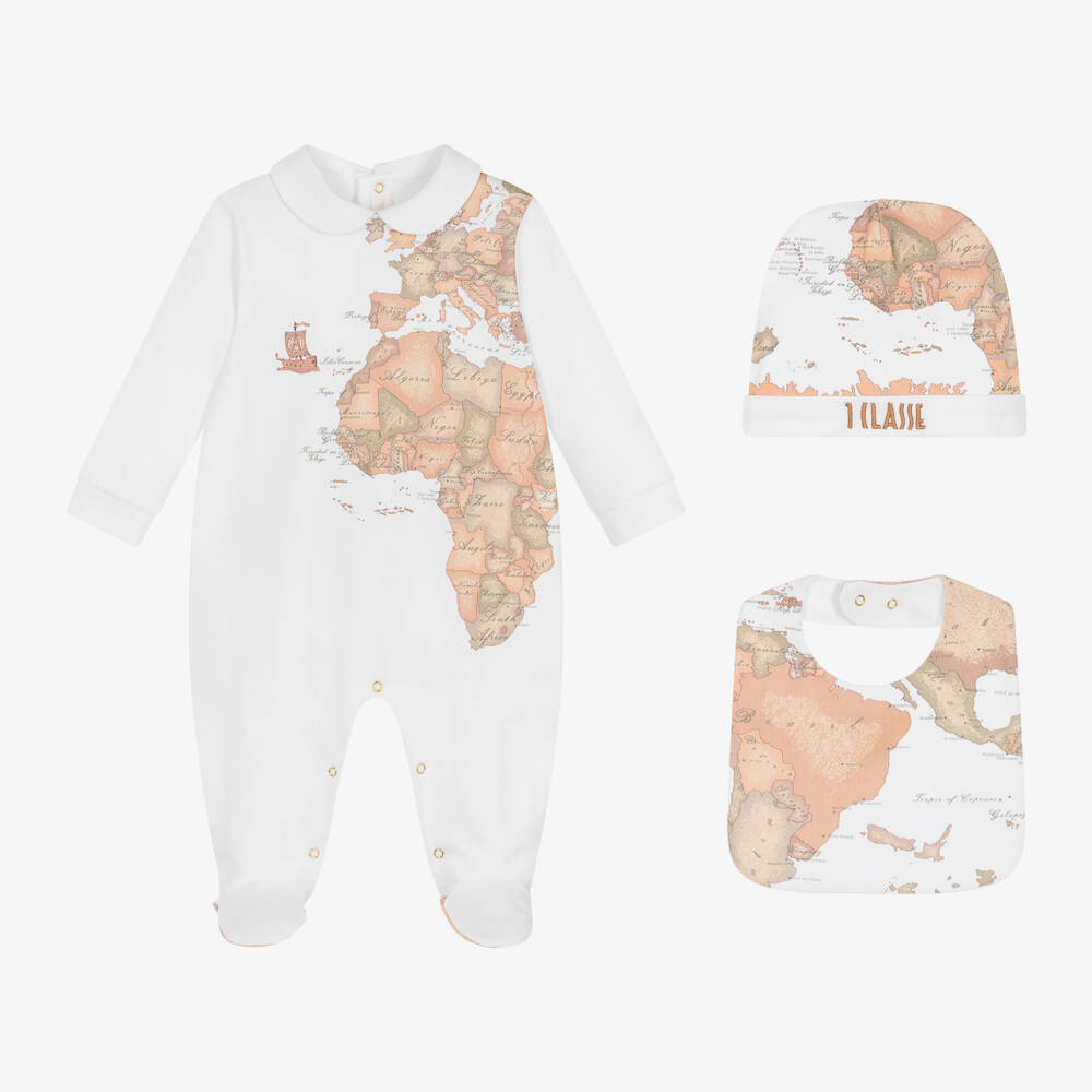 Alviero Martini-White Cotton Geo Map Babygrow Set | Childrensalon Outlet