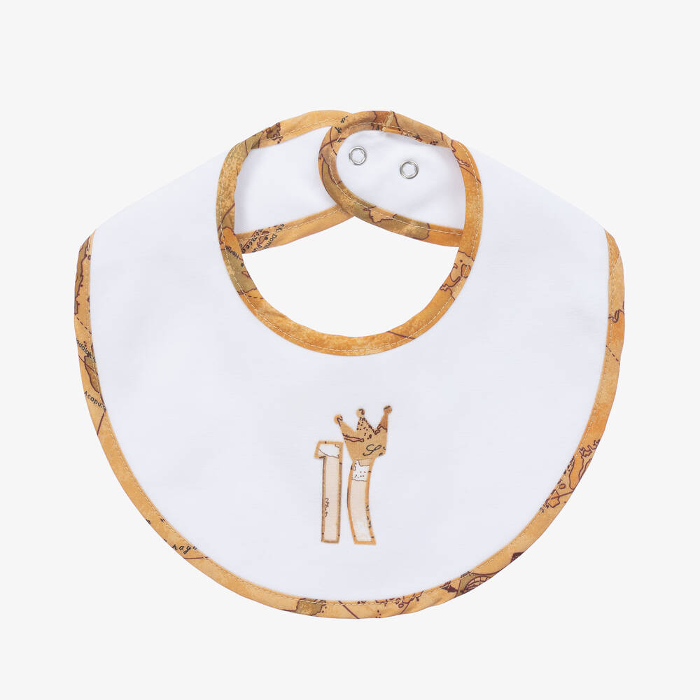 Alviero Martini-White Cotton Geo Map Trim Baby Bib | Childrensalon Outlet