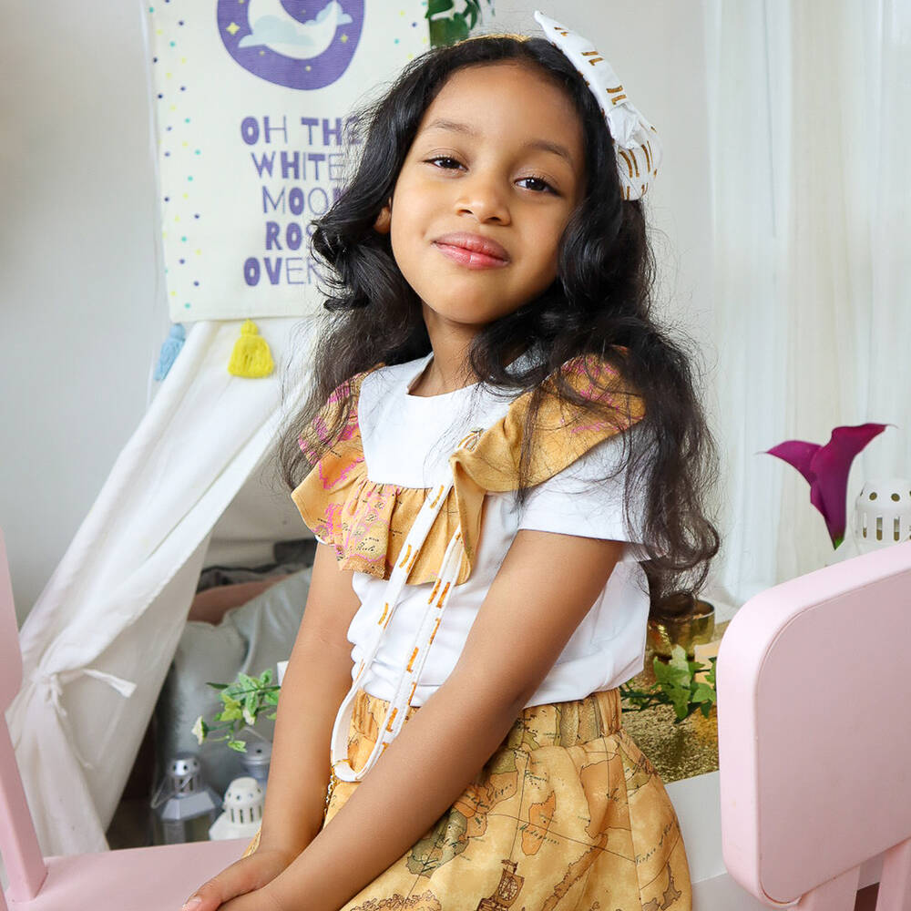 Alviero Martini-White Geo Map Ruffle T-Shirt | Childrensalon Outlet