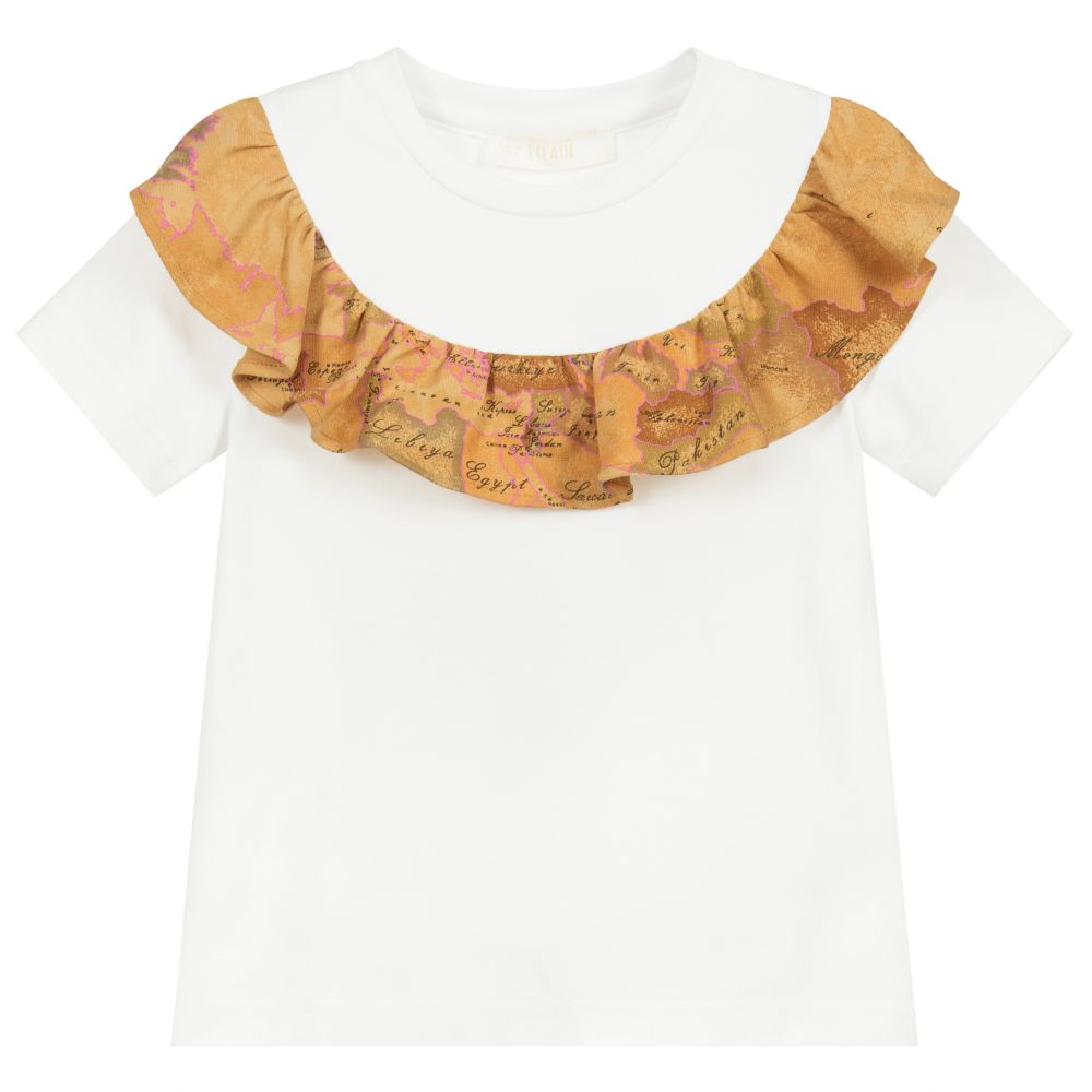 Alviero Martini - Weißes T-Shirt mit Geo-Karten-Rüsche | Childrensalon