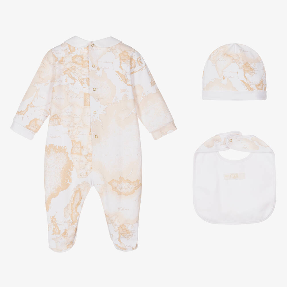 Alviero Martini-White & Light Beige Geo Map Babygrow Set | Childrensalon Outlet