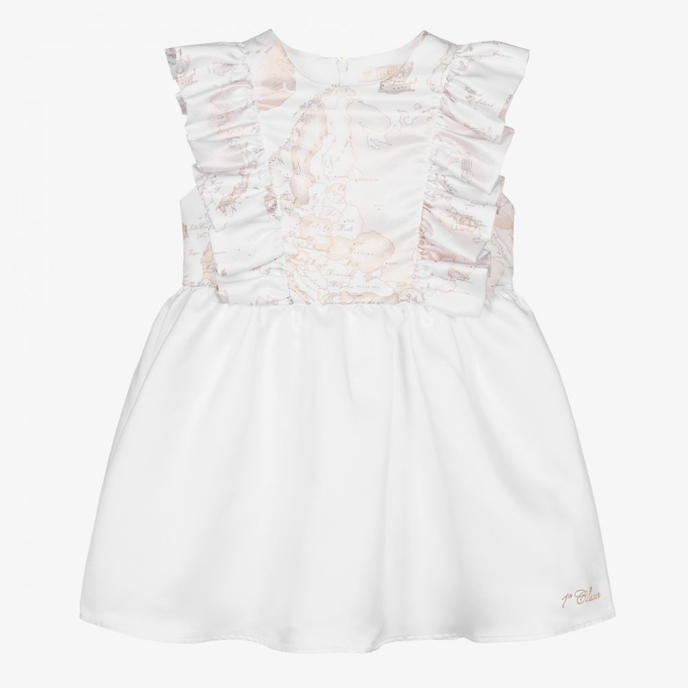 Alviero Martini - White Satin Geo Map Dress | Childrensalon