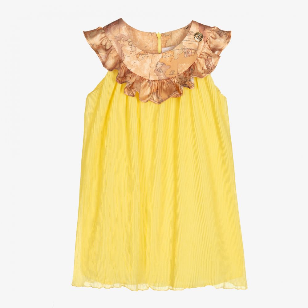 Alviero Martini-Желтое плиссированное платье с картой мира | Childrensalon Outlet