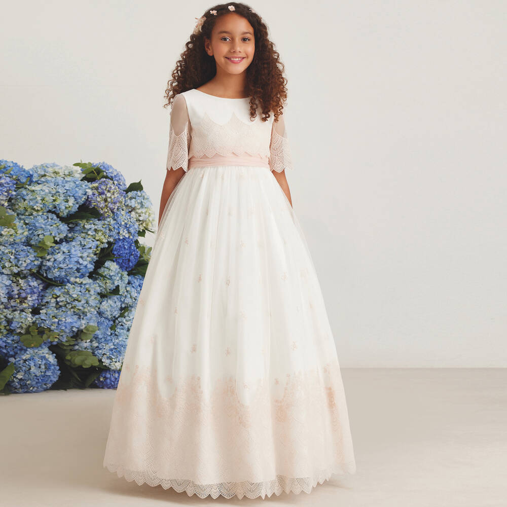 Amaya-Girls Lace Ivory & Pink Gown | Childrensalon Outlet