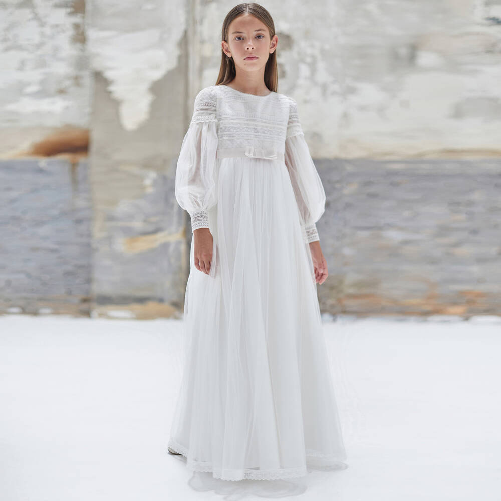 Amaya-Girls Off-White Embroidered Tulle Gown | Childrensalon Outlet