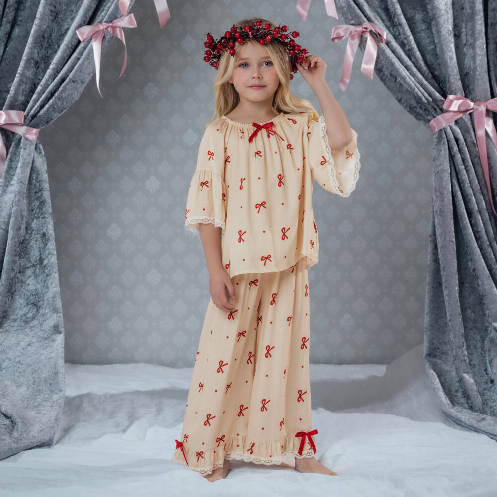 AMIKI Children-Girls Beige & Red Bow Print Pyjamas with Lace Trims | Childrensalon Outlet