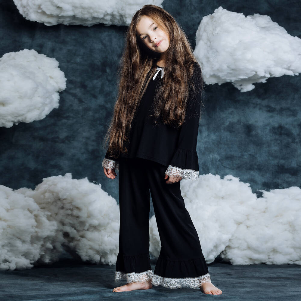 AMIKI Children-بيجاما مودال جيرسي ودانتيل لون أسود للبنات | Childrensalon Outlet