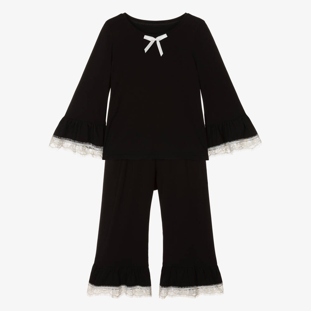 AMIKI Children - Girls Black Modal Jersey & Lace Pyjamas | Childrensalon