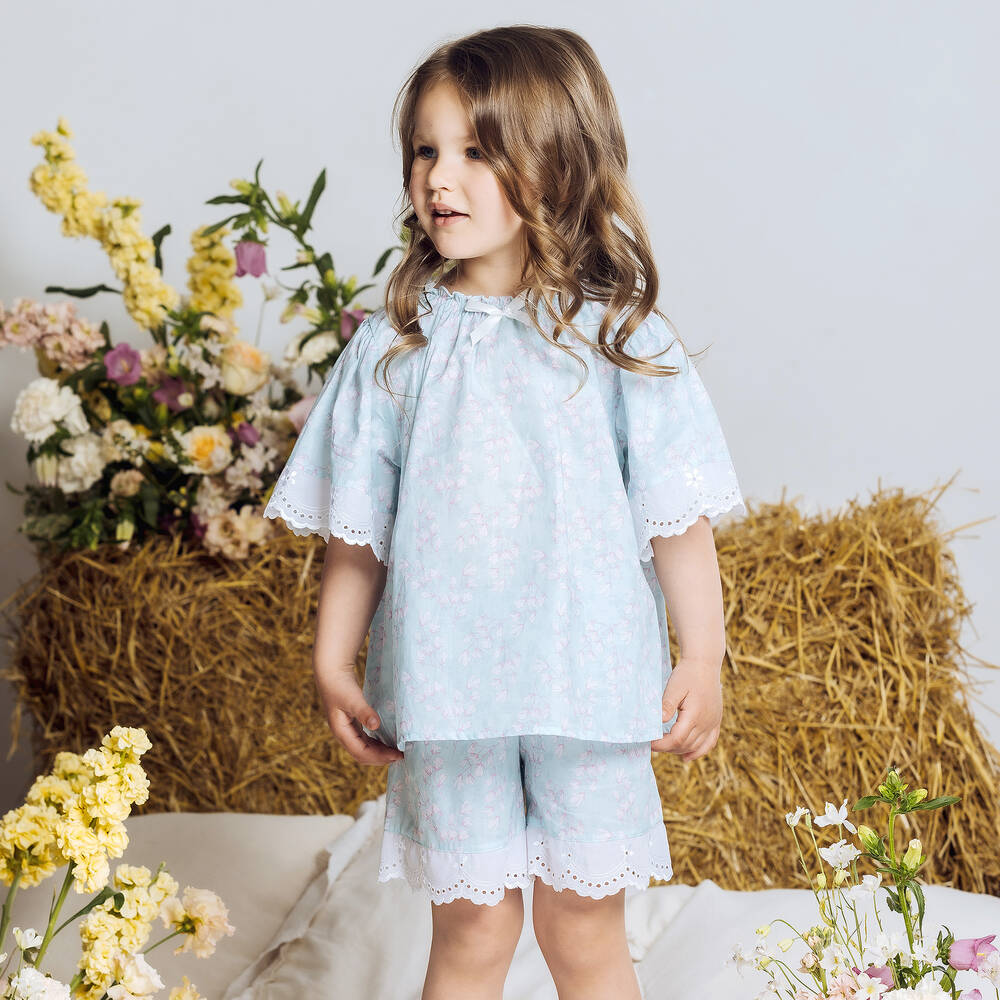 AMIKI Children-بيجاما قطن لون أزرق بطبعة ورود للبنات | Childrensalon Outlet