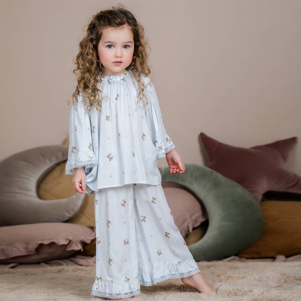 AMIKI Children - Girls Blue Viscose Bow Pyjamas | Childrensalon Outlet