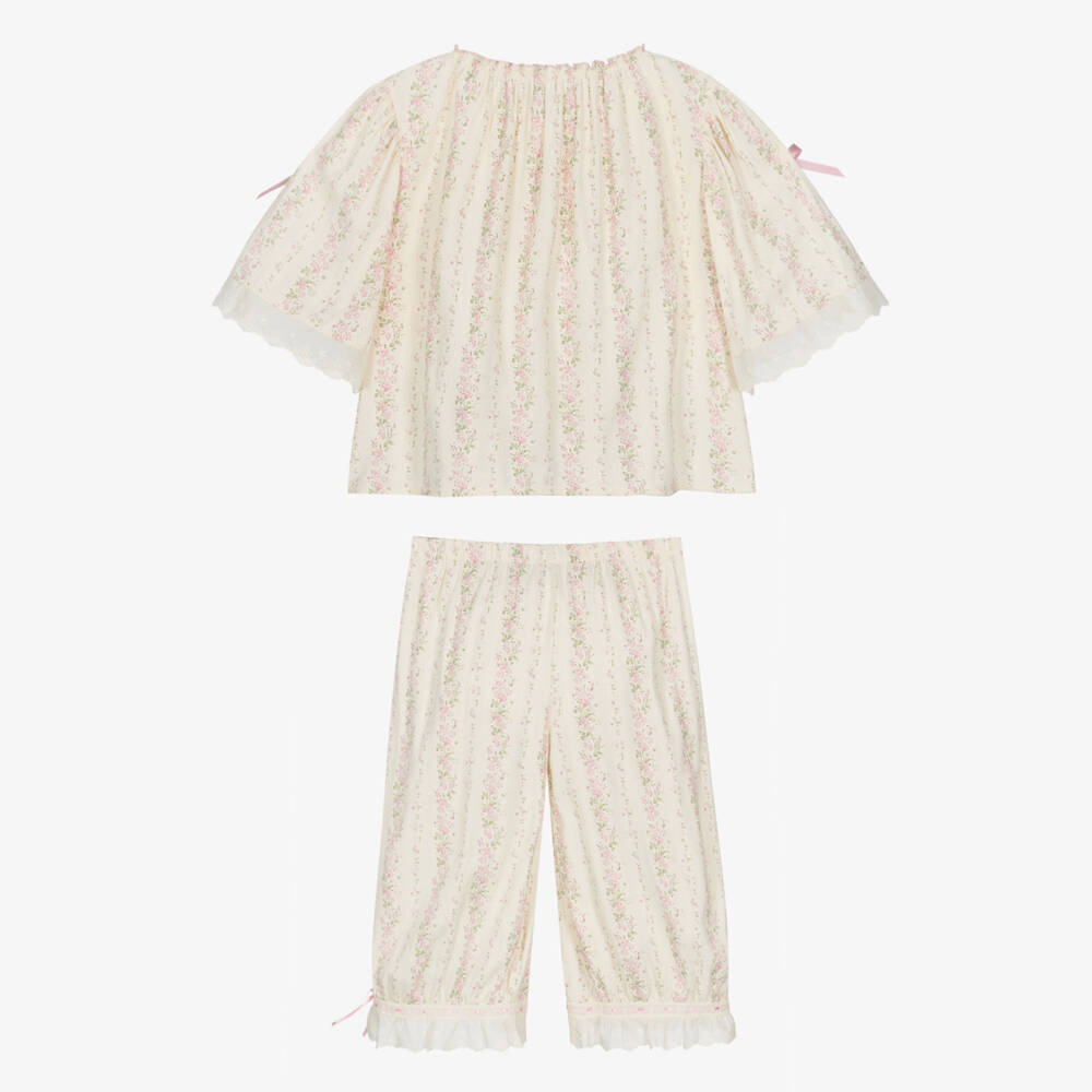 AMIKI Children-Girls Cream & Pink Floral Pyjamas with Embroidered Trims | Childrensalon Outlet