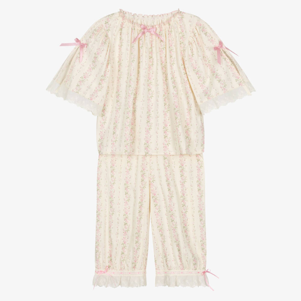 AMIKI Children-Girls Cream & Pink Floral Pyjamas with Embroidered Trims | Childrensalon Outlet