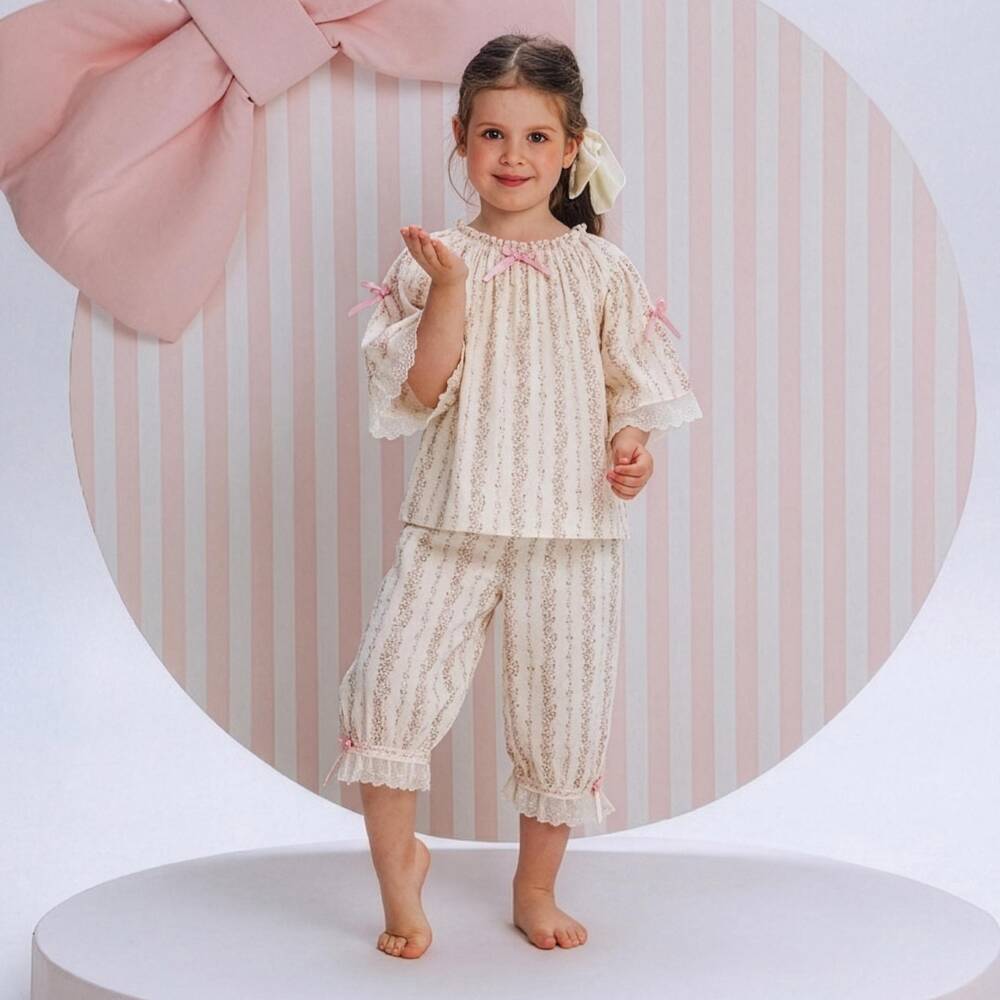 AMIKI Children-Girls Cream & Pink Floral Pyjamas with Embroidered Trims | Childrensalon Outlet