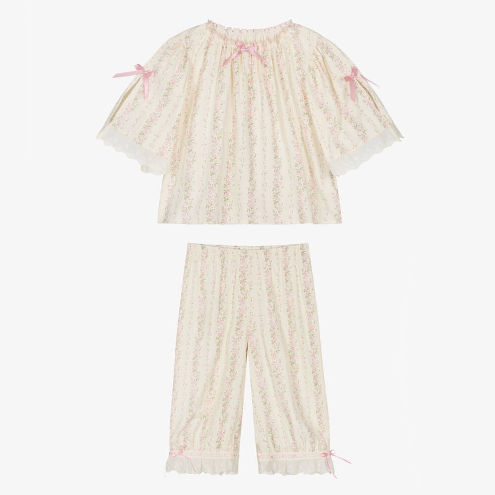 AMIKI Children-Girls Cream & Pink Floral Pyjamas with Embroidered Trims | Childrensalon Outlet