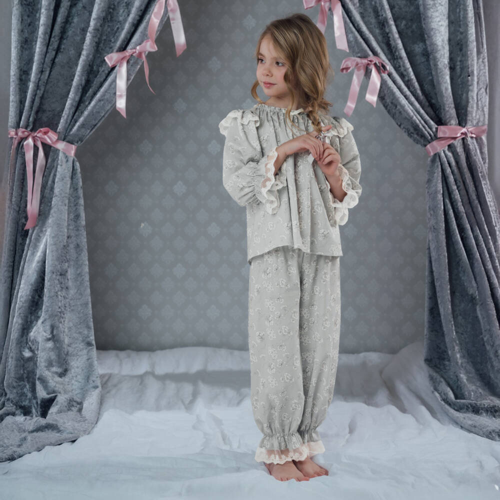 AMIKI Children-Girls Dove Grey Floral Cotton Pyjamas | Childrensalon Outlet