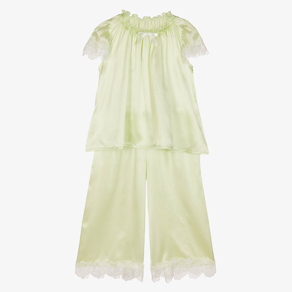 AMIKI Children - Girls Green Silk Satin Pyjamas | Childrensalon