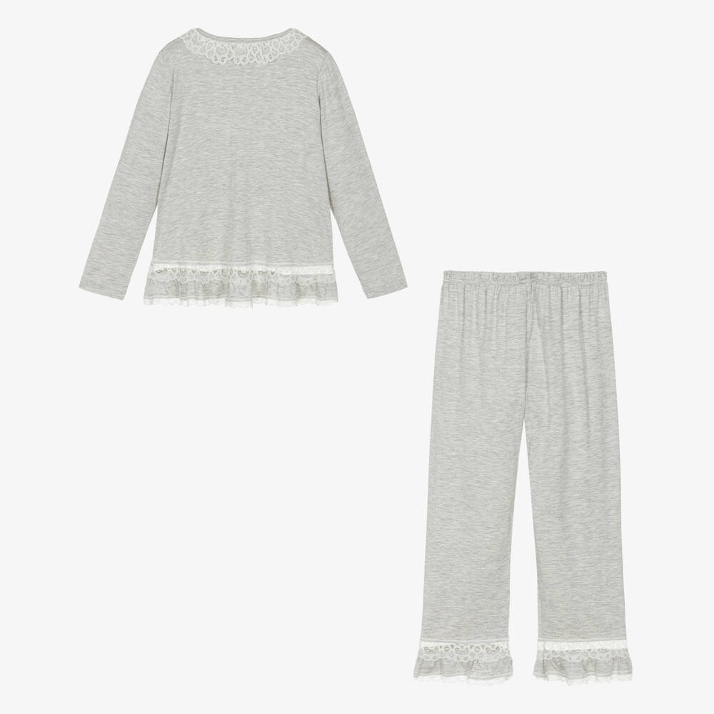 AMIKI Children-Girls Grey Marl Micromodal Jersey Pyjamas with Lace Trims | Childrensalon Outlet