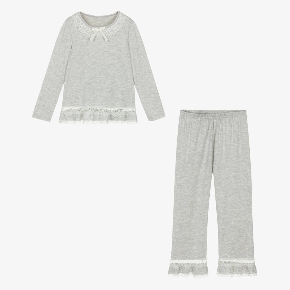 AMIKI Children-Girls Grey Marl Micromodal Jersey Pyjamas with Lace Trims | Childrensalon Outlet