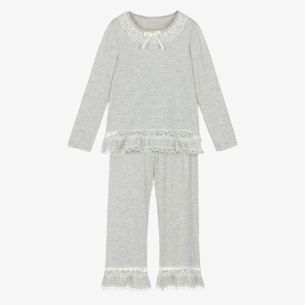 AMIKI Children-Girls Grey Marl Micromodal Jersey Pyjamas with Lace Trims | Childrensalon Outlet