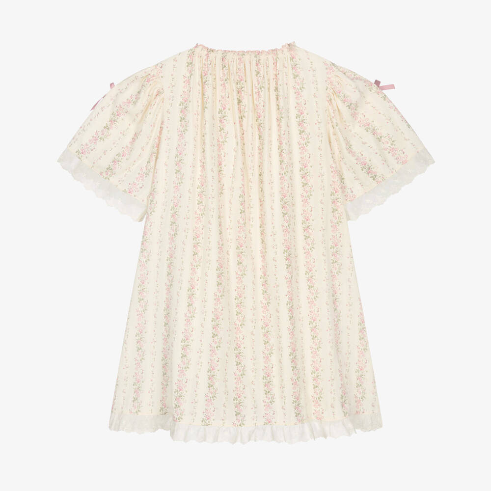 AMIKI Children-Girls Ivory Cotton Nightdress with Pink Floral Print | Childrensalon Outlet